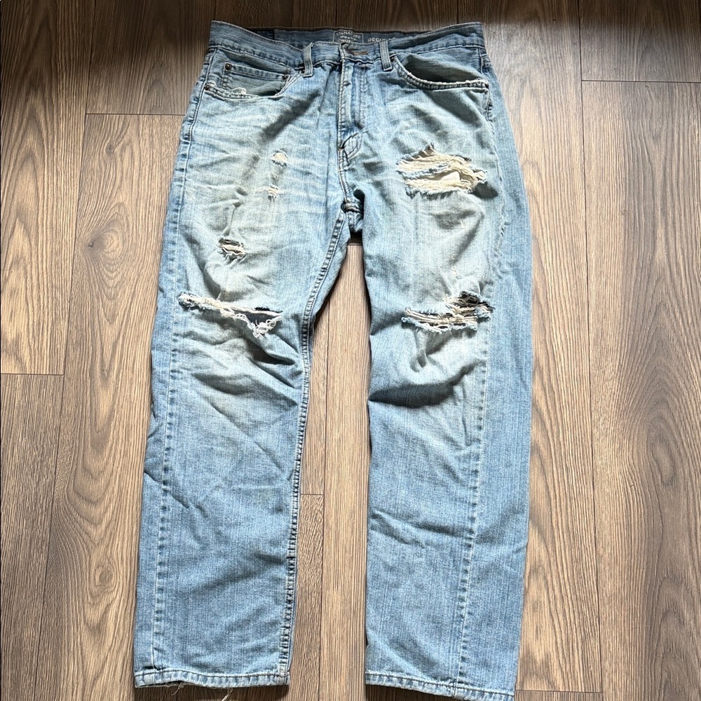 Signature by Levi Strauss Light Blue Distressed Straight Jeans